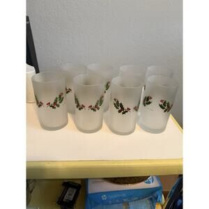 Holiday Holly Glasses Christmas Frosted Highball Iced Tea Water 8 ITALY 5.25”